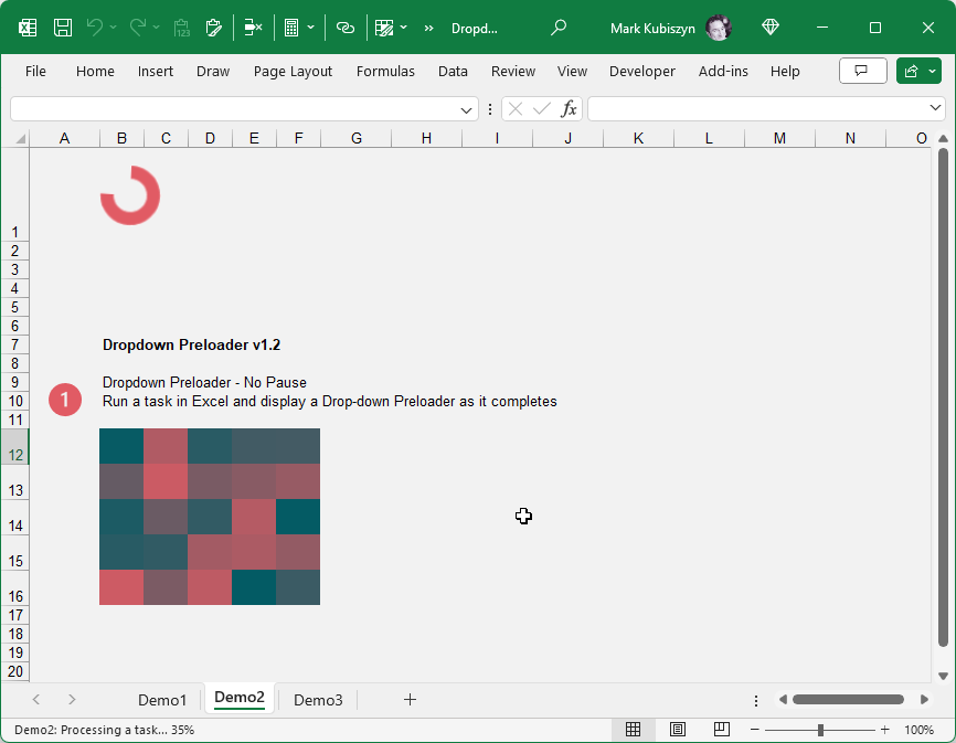 Click on the Demo2 Sheet and run the next example. This time a red Circle Preloader will slide appear and a similar task will run. This time the Button is liked to the 'DoTask2()' Subroutine. As per Demo1 you can swap the Preloader should you wish. The Circle Preloader has its Rotation set to 90 degrees by default and the Preloader image is called 'Rolling_Preloader'. It uses the same Easing function as the first example, 'Easing.easeOutSine()'. Here is the Preloader running its task