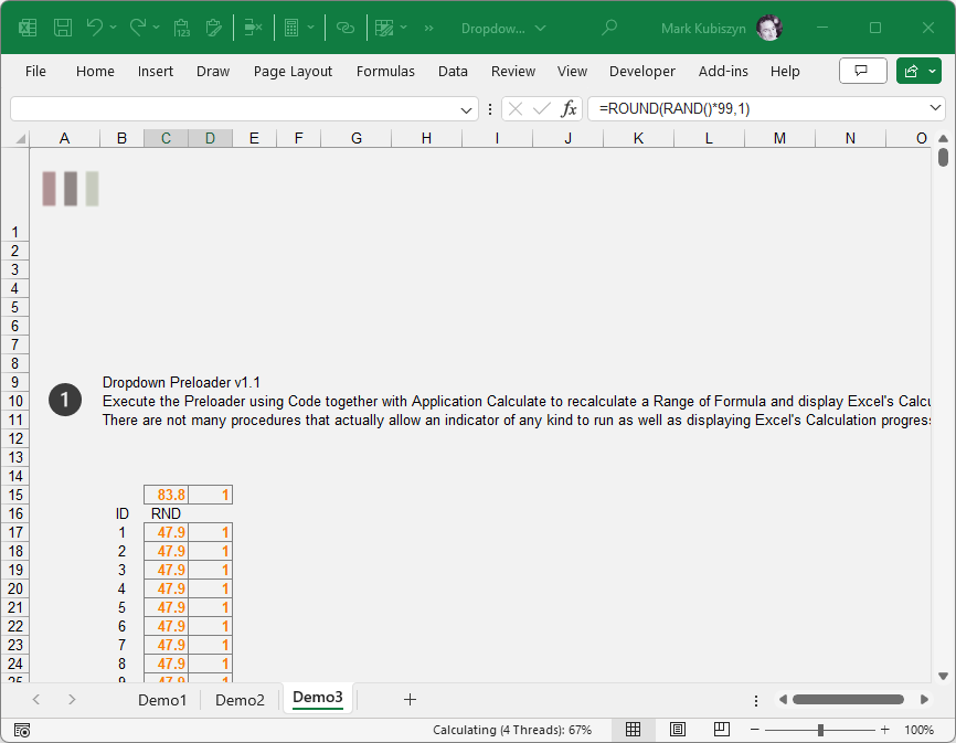 A Screenshot of the Dropdown Preloader used with the Excel Calculation when copying and recalculating a Range using VBA. Not many indicators have the ability to interact like this
