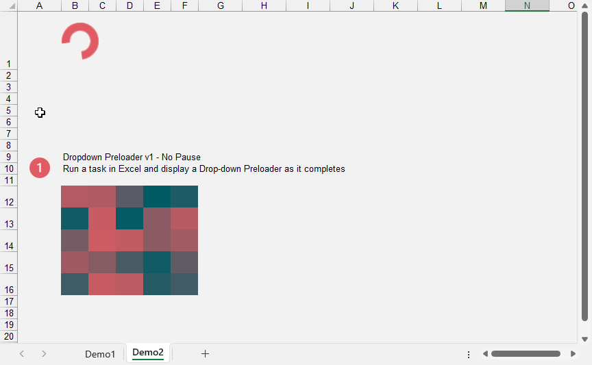 A Screenshot of the Dropdown Preloader in action as it runs a second task using a Rolling Preloader that colours in Cells and updates the Statusbar