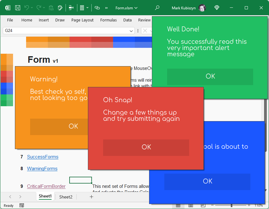 A Screenshot of all of the Bordered Message Notifications for Form using 3 Labels on a Single base UserForm