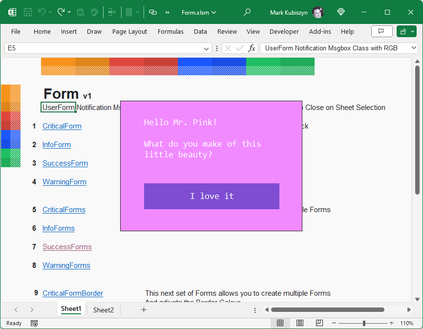 A Screenshot of a Standalone Form that doesn't use the Wrapper Function in Pink