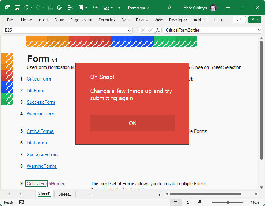 Form, UserForm Notification Msgbox Class with RGB for Excel 64bit only · use Form to create UserForm Notification MsgBoxes with MouseOver Buttons