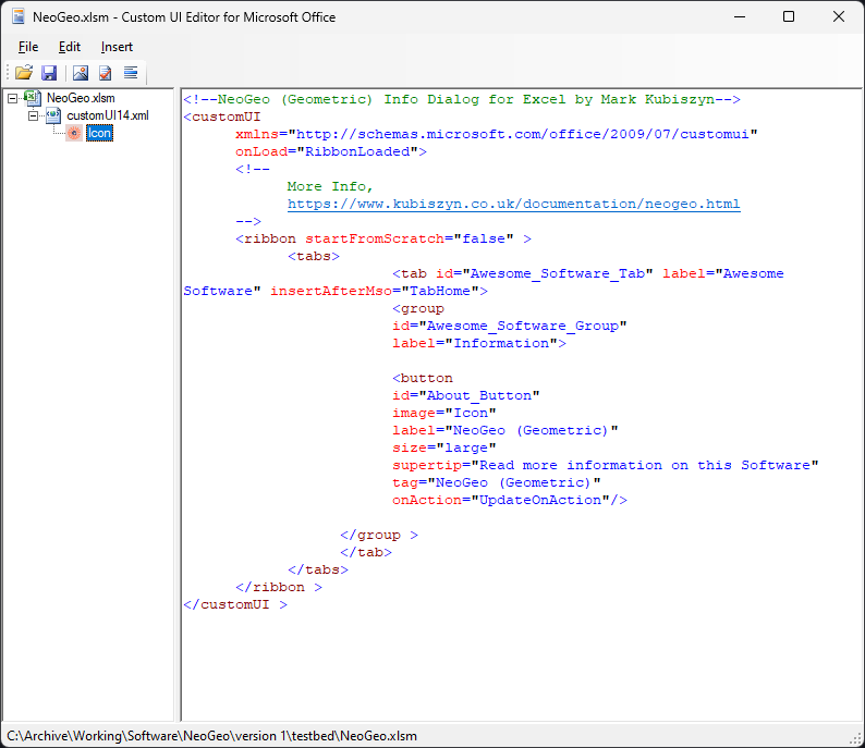 Next from the Menu choose, Insert Icons and browse to my 'Ribbon.png' image in the Download File in the 'transparent images' folder and open it. Right-click on the Icon Name and choose 'Change ID'. Name the Image 'Icon' in the Custom UI Editor. Save the XML. Finally your XML should look like this
