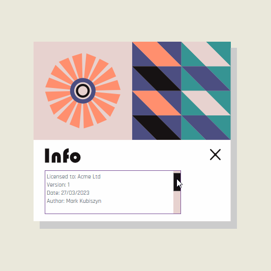 NeoGeo is an Information Dialog for Excel featuring a modern interface, created using a modified Geometric Vector Bitmap image loaded directly into a UserForm Picture member. It is triggered via the Ribbon, by pressing the 'NeoGeo (Geometric)' Button on the 'Information' Group of the 'Awesome Software' Tab on the Ribbon