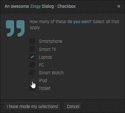 This is a Carbon Skin Zingy Dialog MsgBox UserForm Modal for Excel featuriing Checkboxes that can be selected by the user