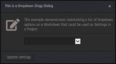 Latest Zingy Dialogs · A Listbox Read & Write Settings Dialog example.  Pull in editable Dropdown options from Cells in a Sheet and then update Cells with the chosen selection