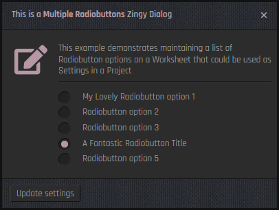 Latest Zingy Dialogs · A Multiple Radiobutton Read & Write Settings Dialog example